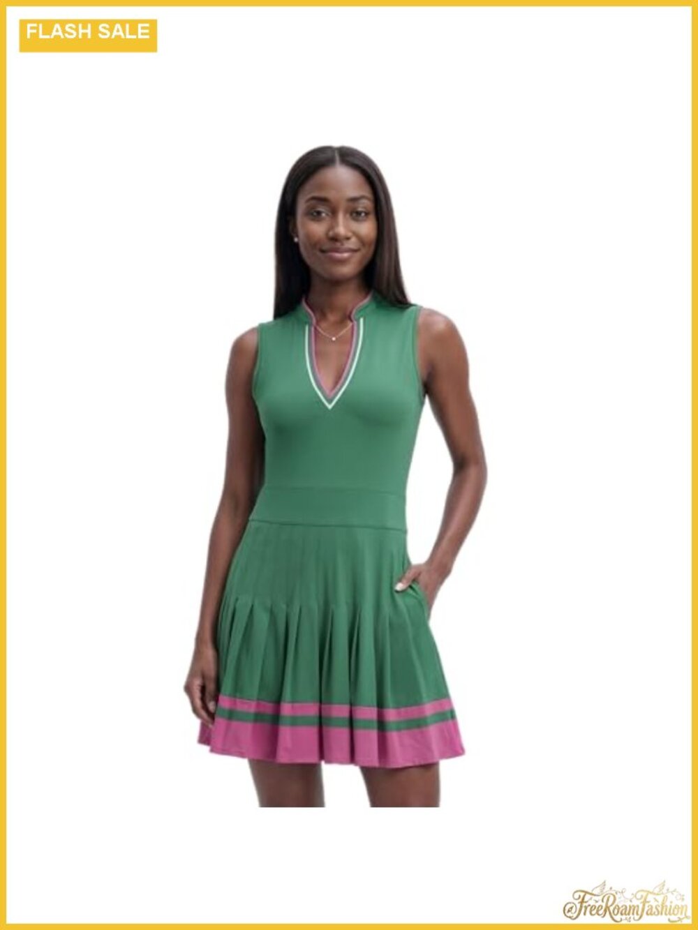 V-Neck Pleated Sleeveless Athletic Tennis Dress, High Stretch Performance